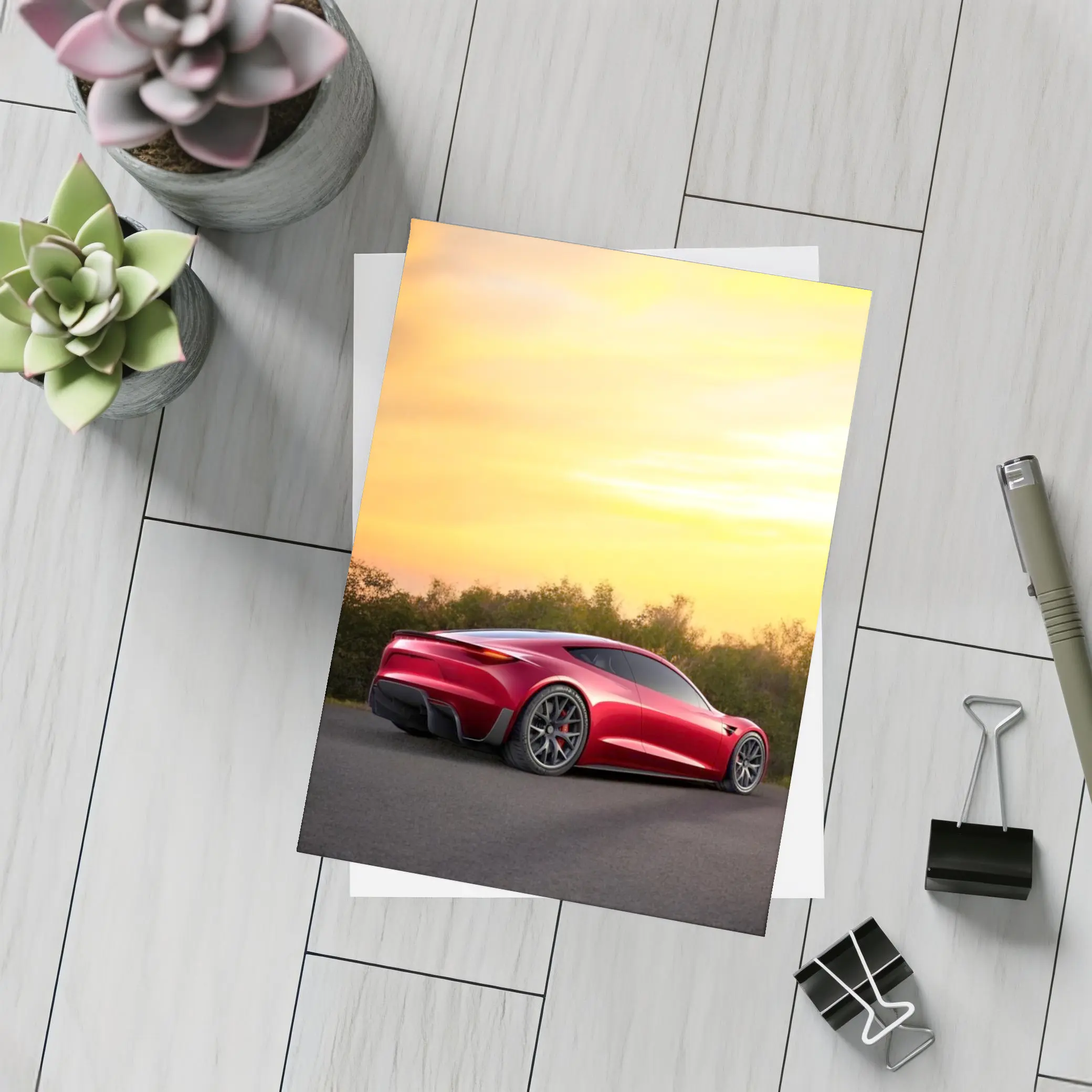 Tesla Roadster Red Car Sunset Sky – Postcards