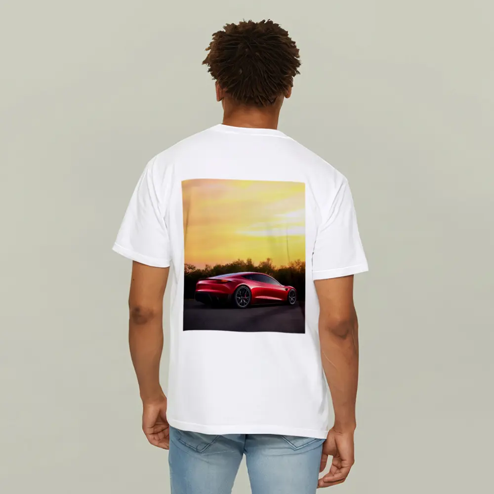 Tesla Roadster Red Car Sunset Sky – T-Shirts