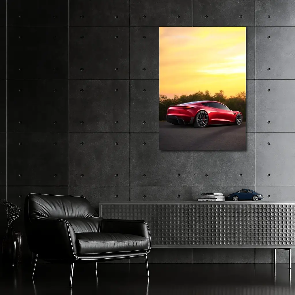 Tesla Roadster Red Car Sunset Sky – Wall Art