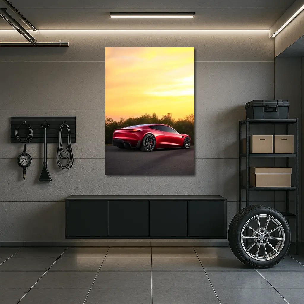 Tesla Roadster Red Car Sunset Sky – Wall Art