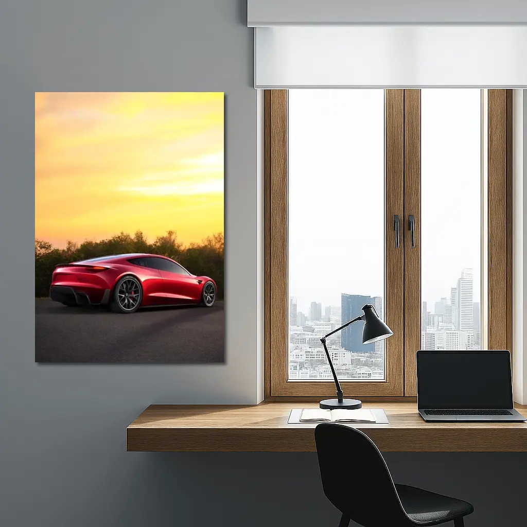 Tesla Roadster Red Car Sunset Sky – Wall Art