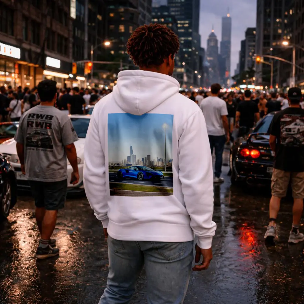 McLaren Artura Blue Supercar City Skyline – Hoodies
