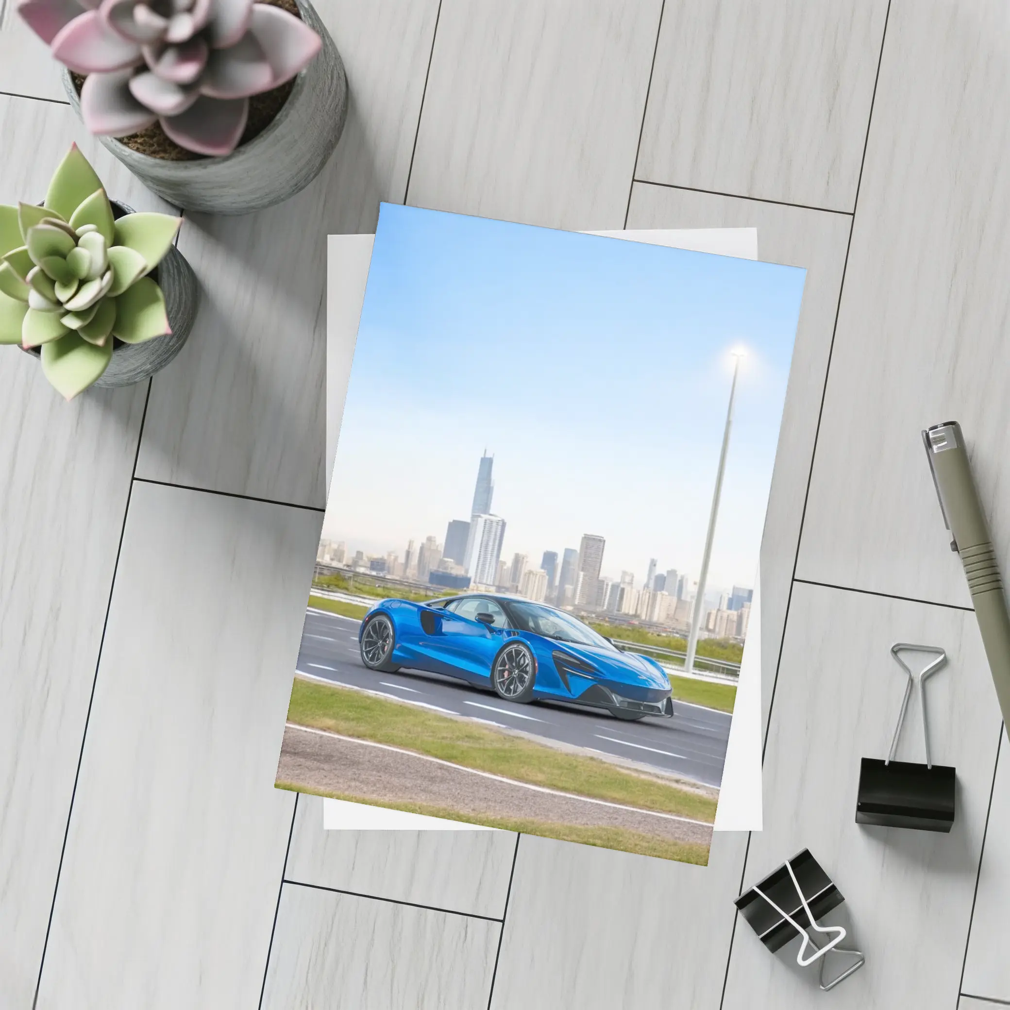 McLaren Artura Blue Supercar City Skyline – Postcards