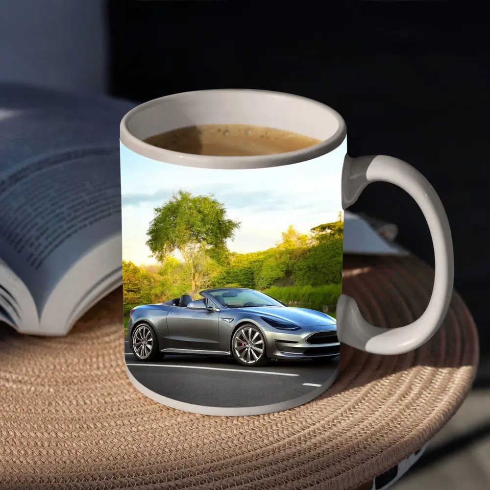 Tesla Roadster Convertible On Curvy Street – Mugs