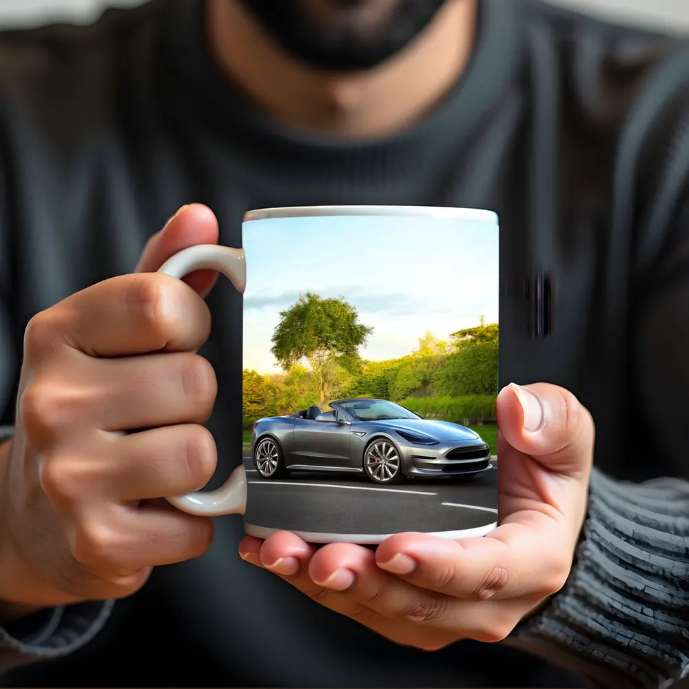 Tesla Roadster Convertible On Curvy Street – Mugs