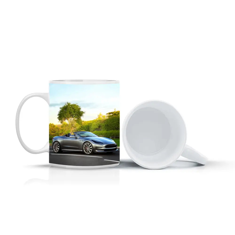 Tesla Roadster Convertible On Curvy Street – Mugs