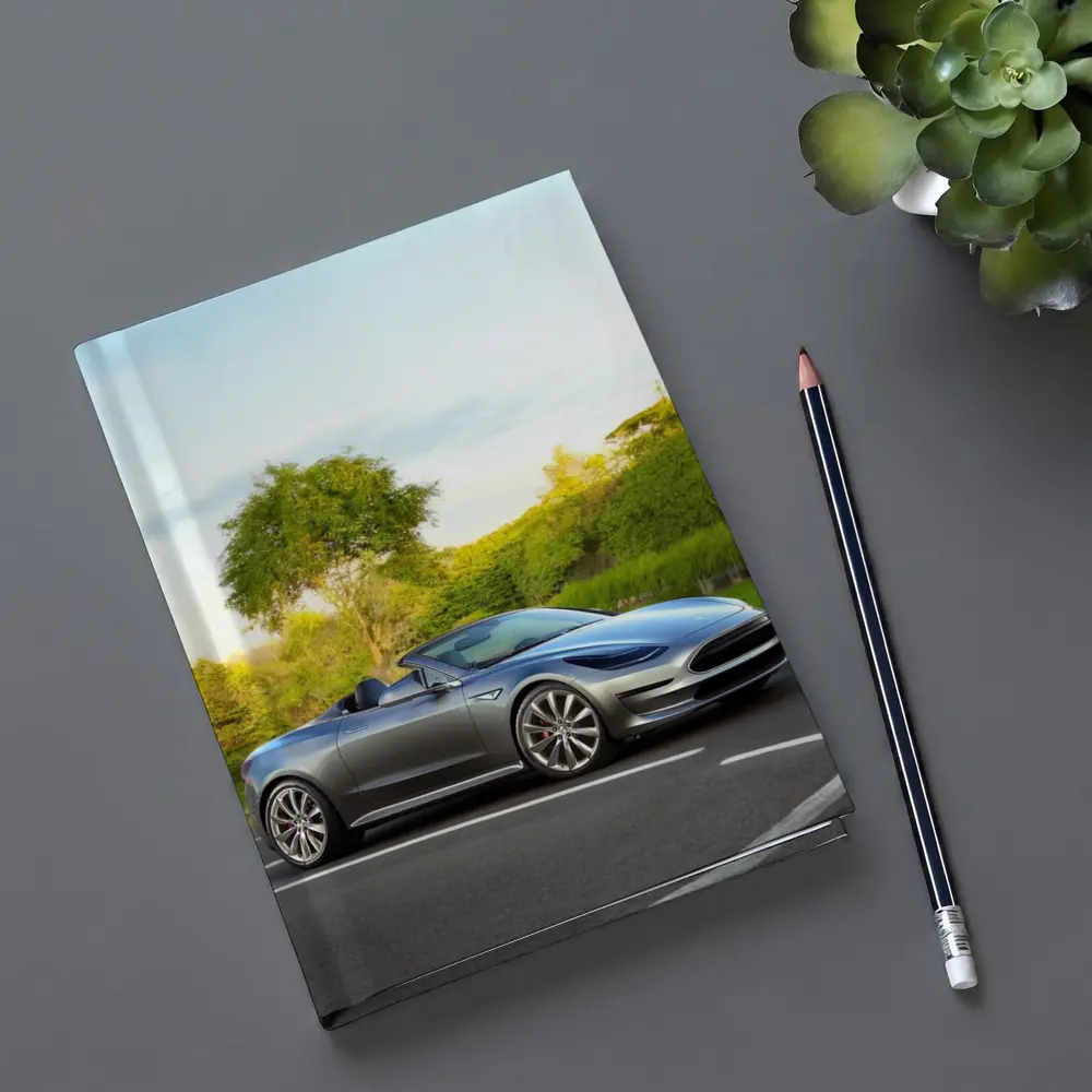 Tesla Roadster Convertible On Curvy Street – Notebooks