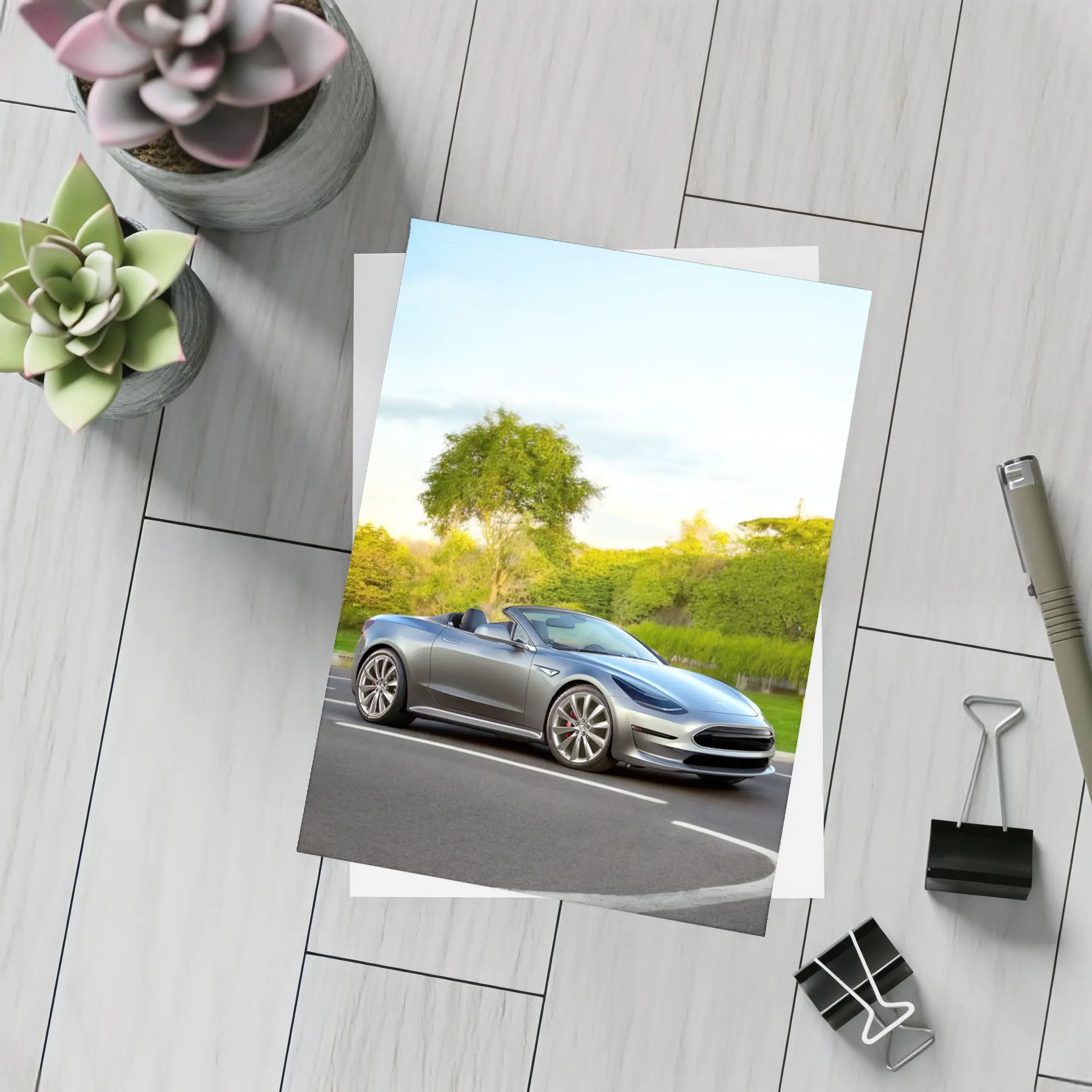 Tesla Roadster Convertible On Curvy Street – Postcards