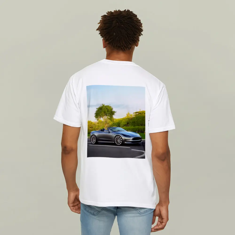 Tesla Roadster Convertible On Curvy Street – T-Shirts