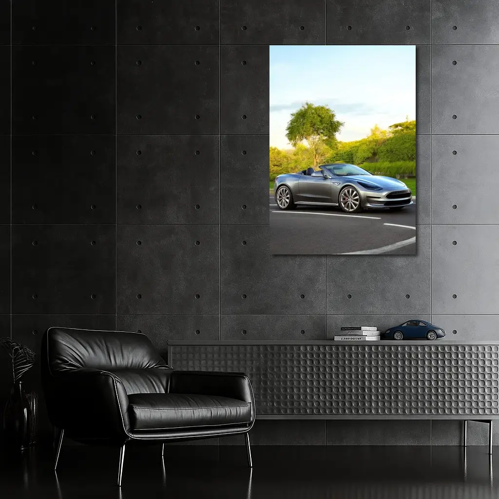 Tesla Roadster Convertible On Curvy Street – Wall Art