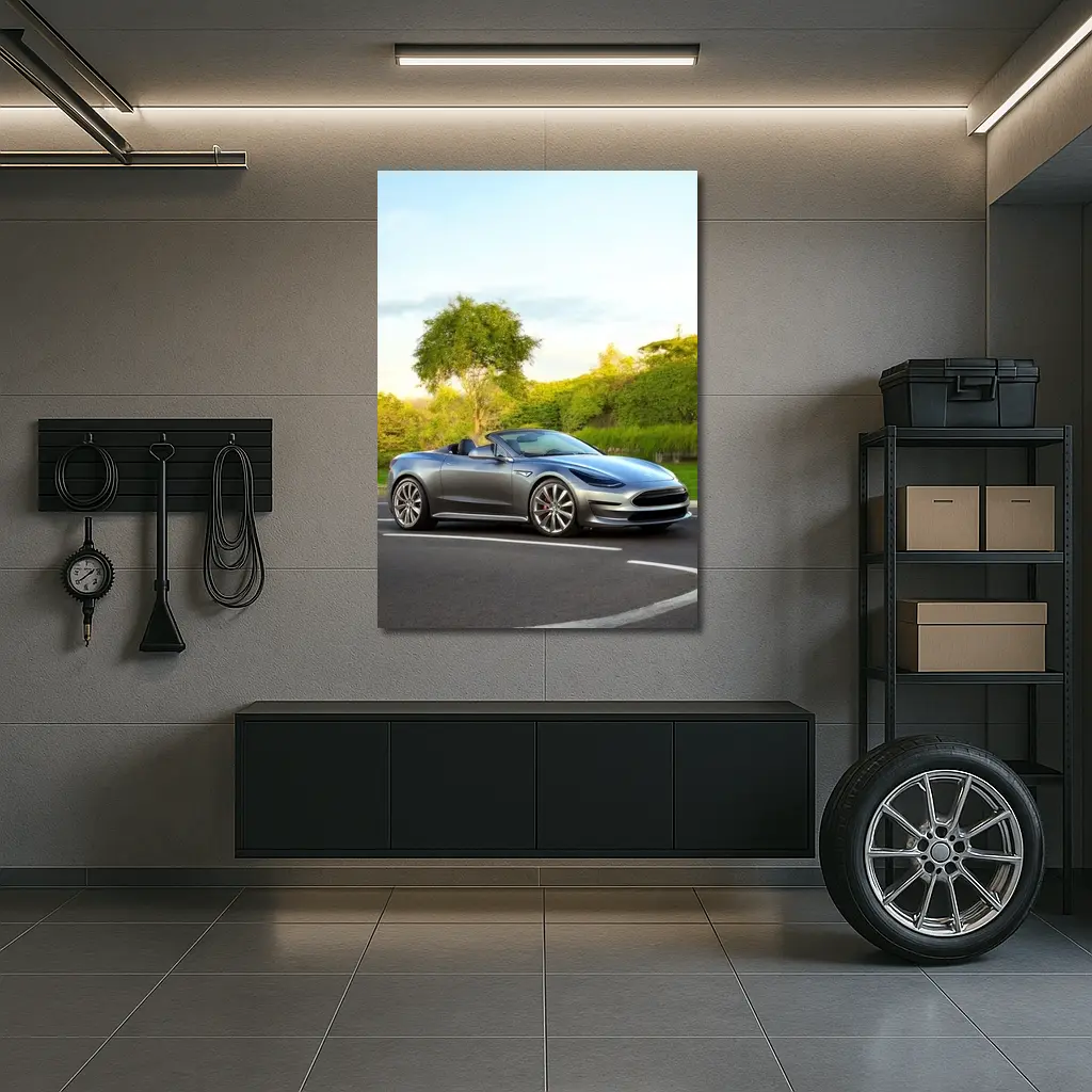 Tesla Roadster Convertible On Curvy Street – Wall Art