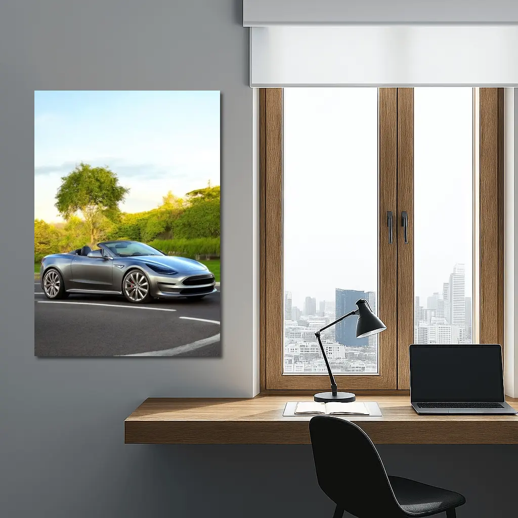 Tesla Roadster Convertible On Curvy Street – Wall Art
