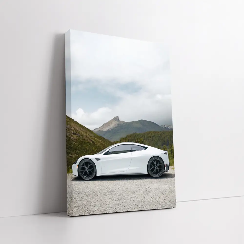 Tesla Roadster White Supercar Mountain Background