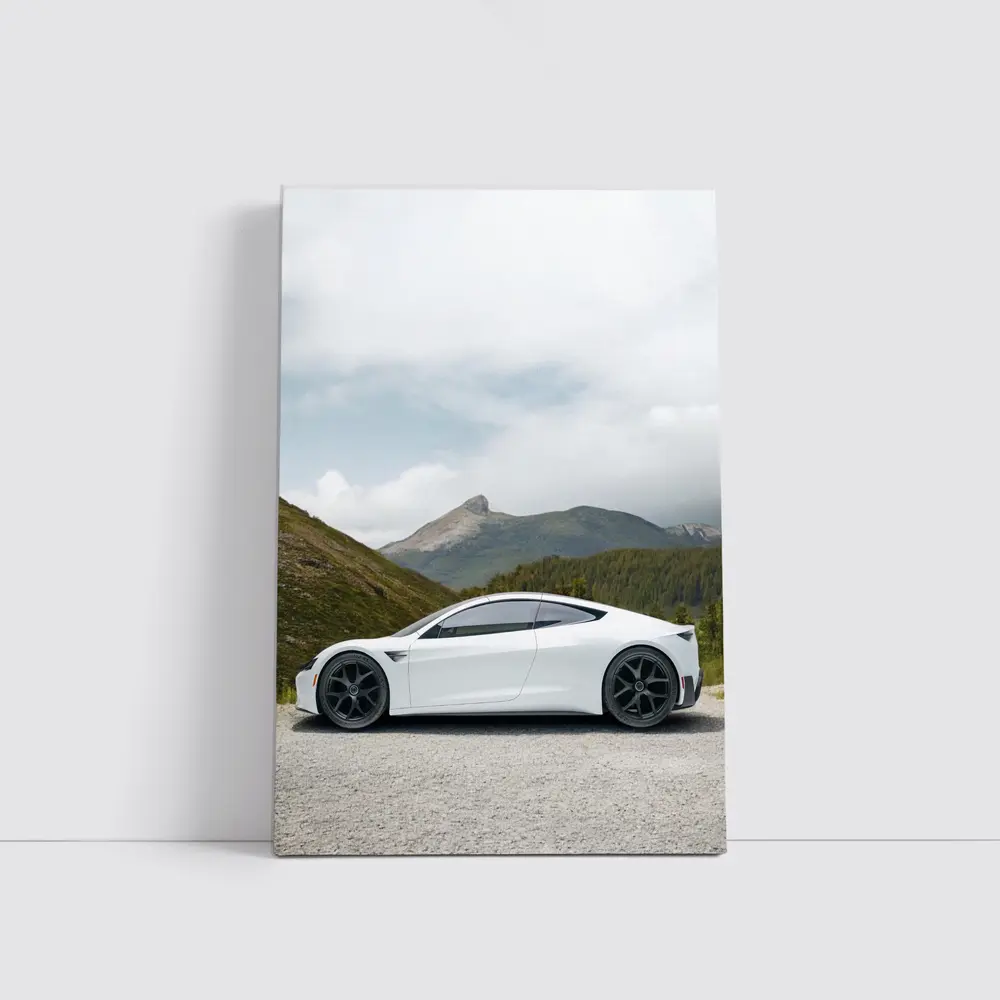 Tesla Roadster White Supercar Mountain Background – Wall Art
