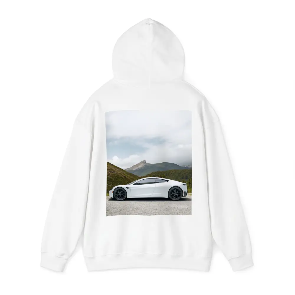 Tesla Roadster White Supercar Mountain Background – Hoodies