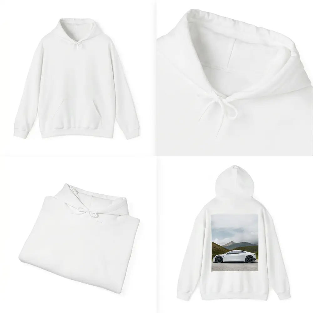 Tesla Roadster White Supercar Mountain Background – Hoodies
