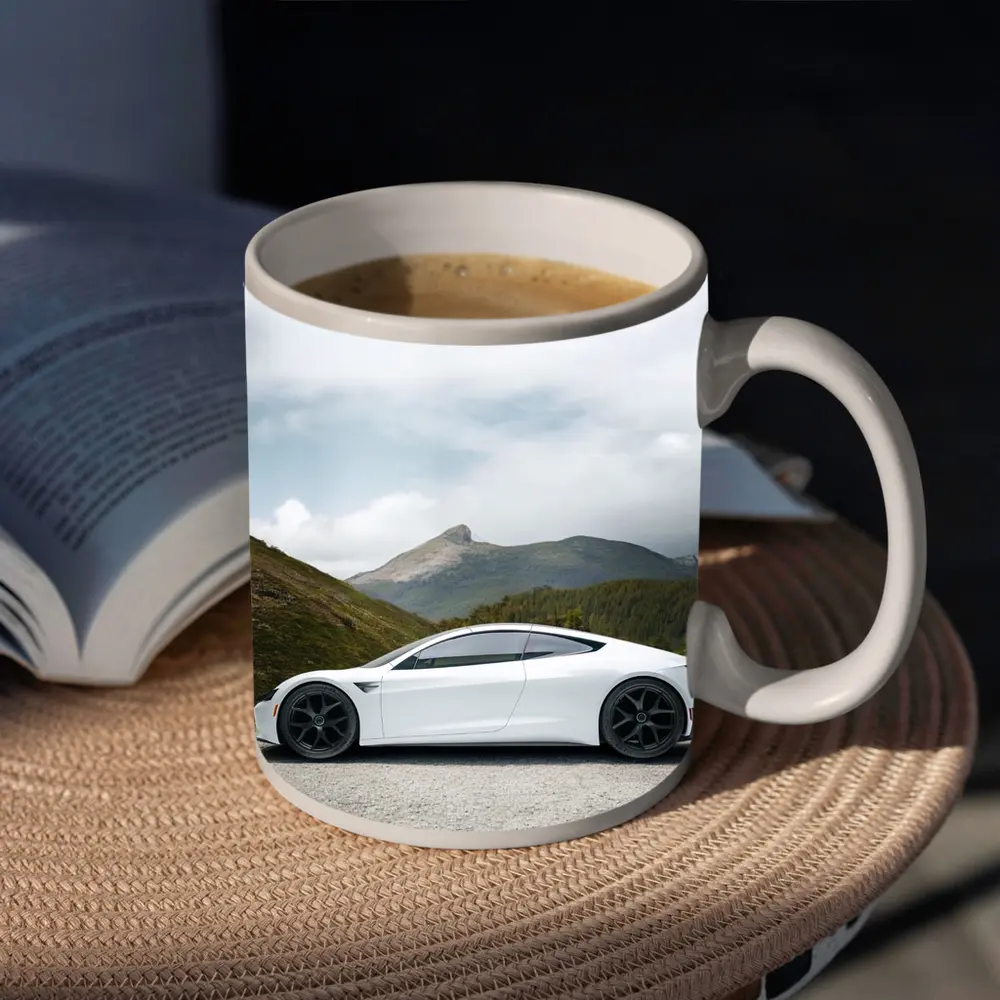 Tesla Roadster White Supercar Mountain Background – Mugs