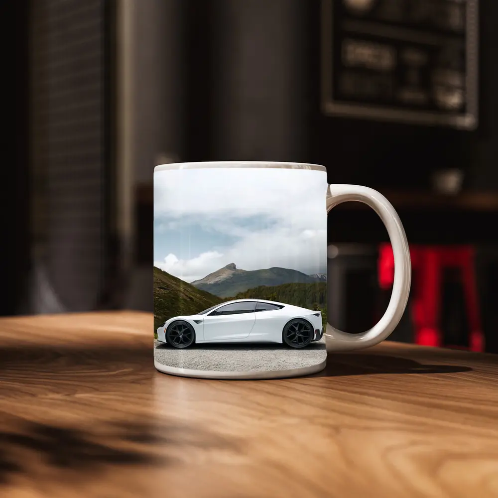 Tesla Roadster White Supercar Mountain Background – Mugs