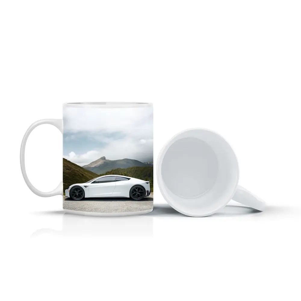 Tesla Roadster White Supercar Mountain Background – Mugs