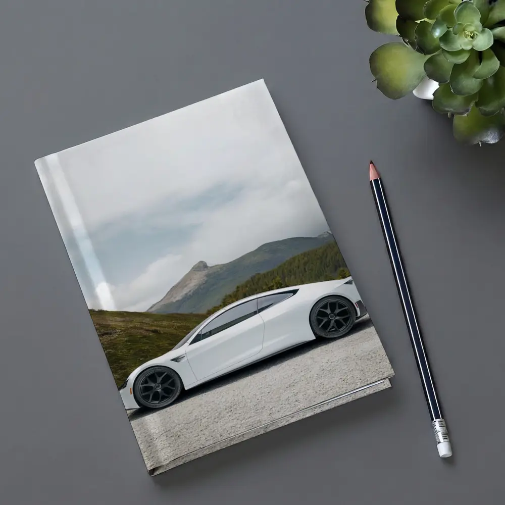 Tesla Roadster White Supercar Mountain Background – Notebooks