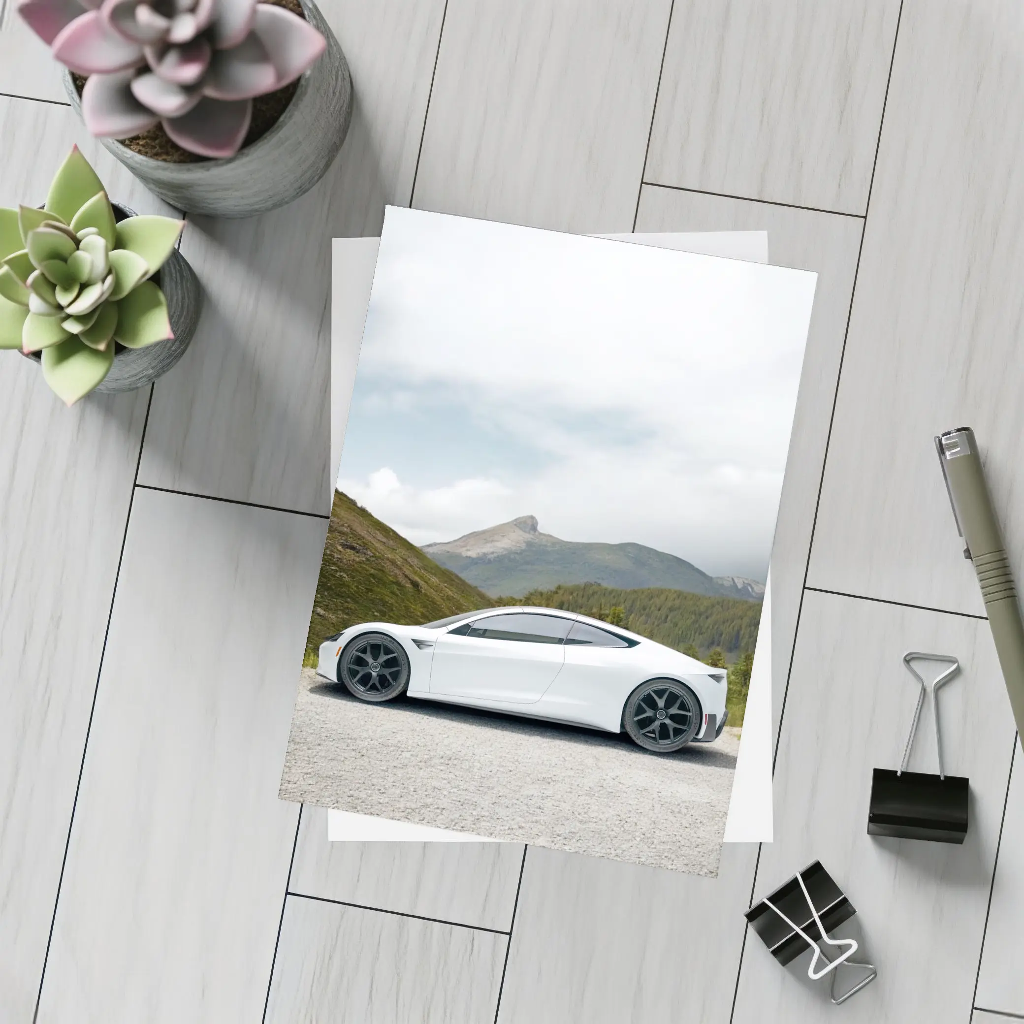 Tesla Roadster White Supercar Mountain Background – Postcards