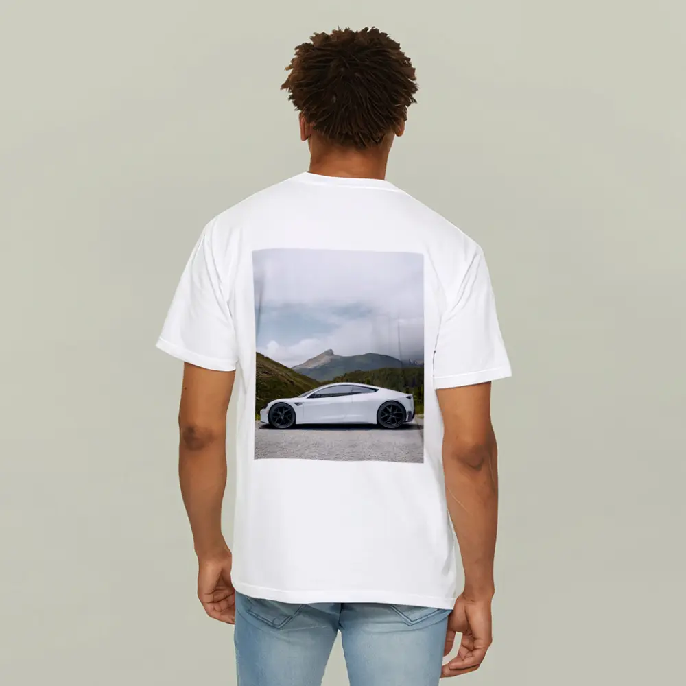 Tesla Roadster White Supercar Mountain Background – T-Shirts