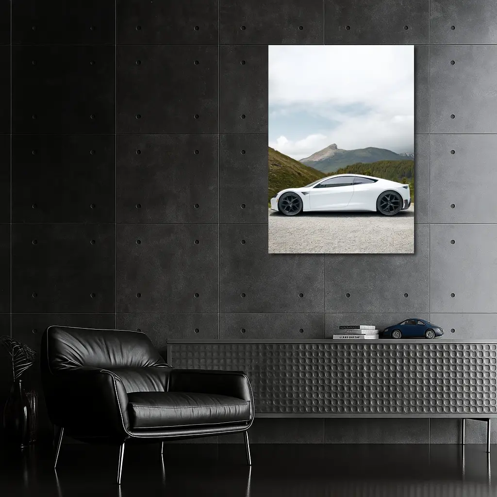 Tesla Roadster White Supercar Mountain Background – Wall Art