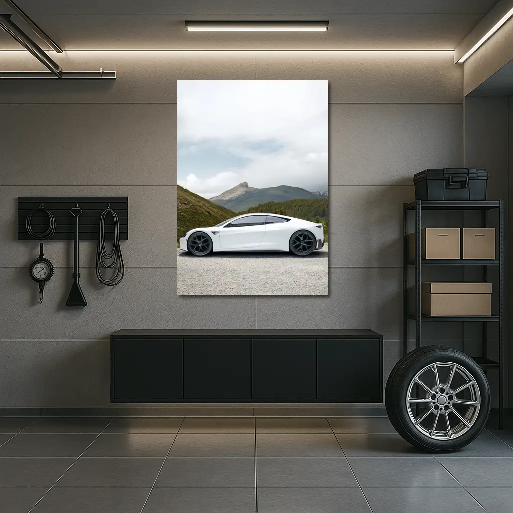 Tesla Roadster White Supercar Mountain Background – Wall Art
