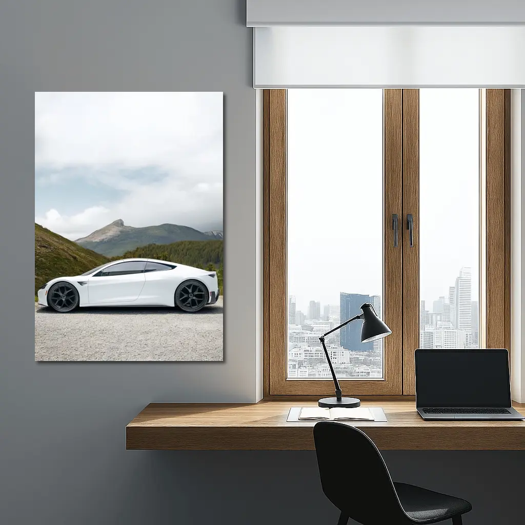 Tesla Roadster White Supercar Mountain Background – Wall Art