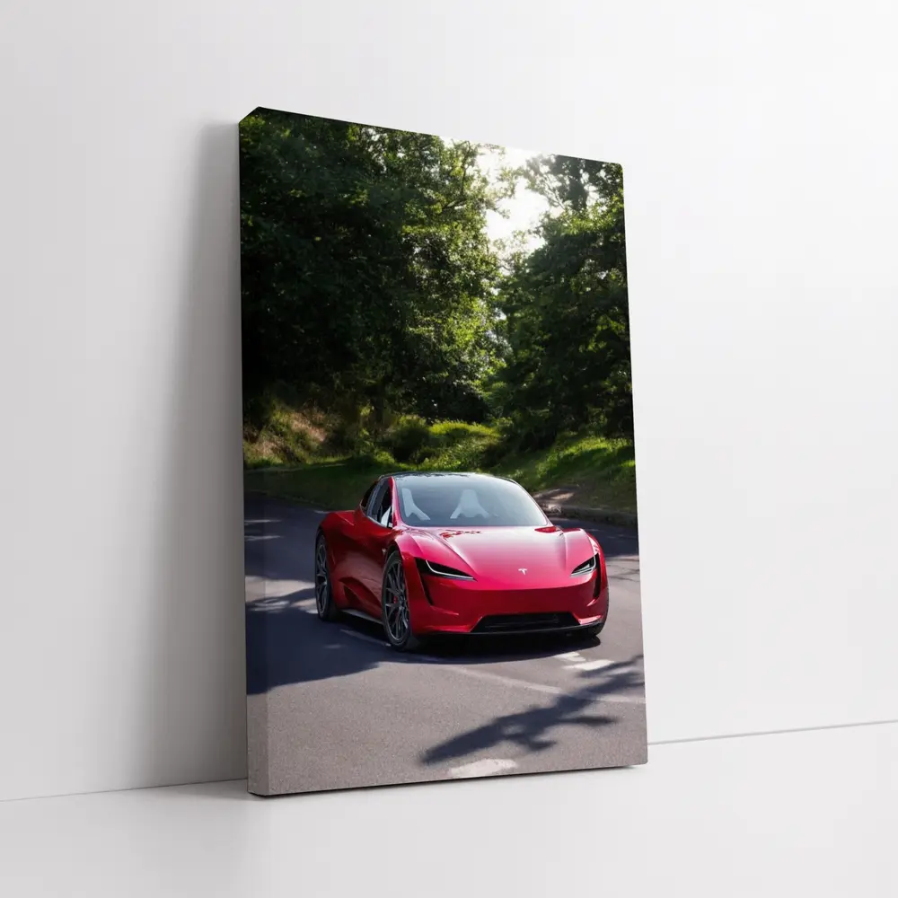 Tesla Roadster Red Car On Forest Road – Wall Art