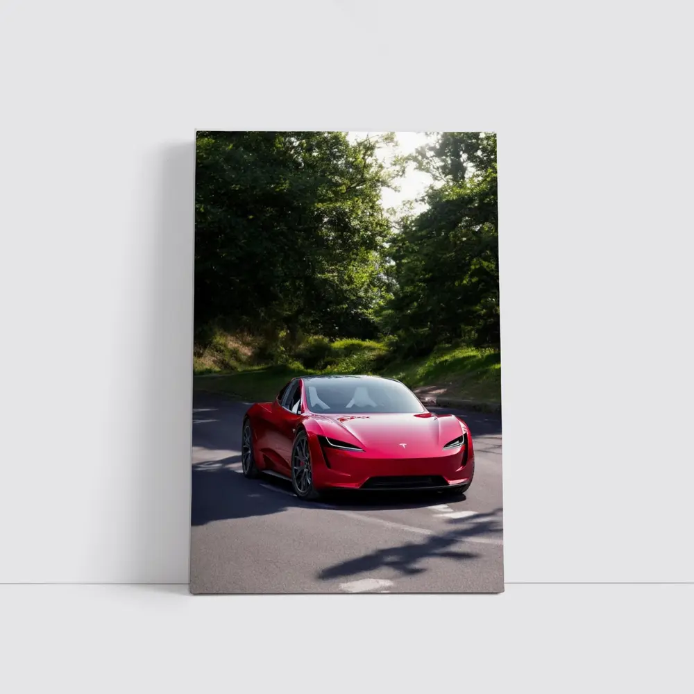 Tesla Roadster Red Car On Forest Road – Wall Art