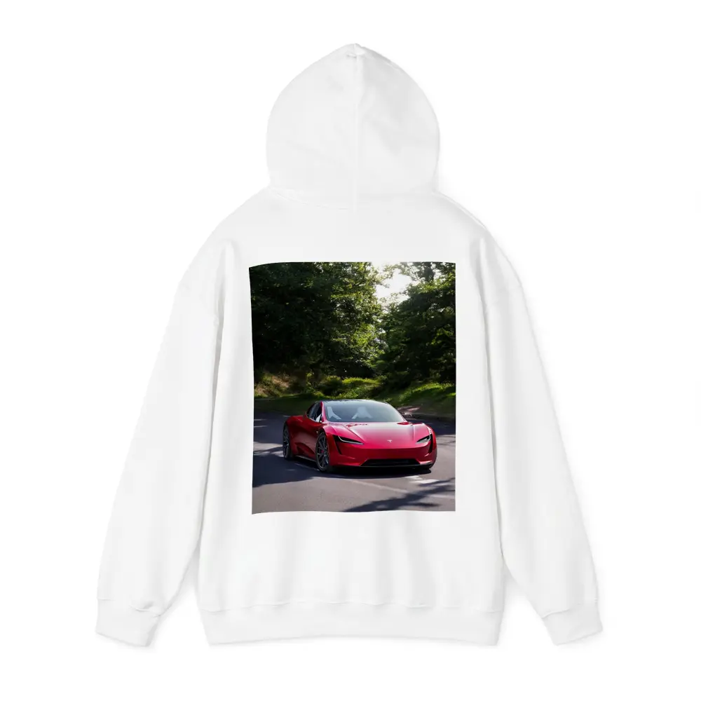 Tesla Roadster Red Car On Forest Road – Hoodies