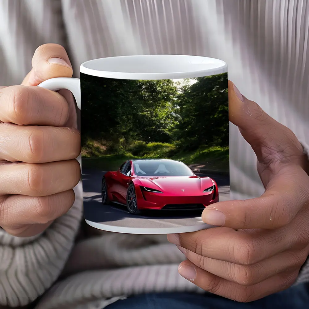 Tesla Roadster Red Car On Forest Road – Mugs