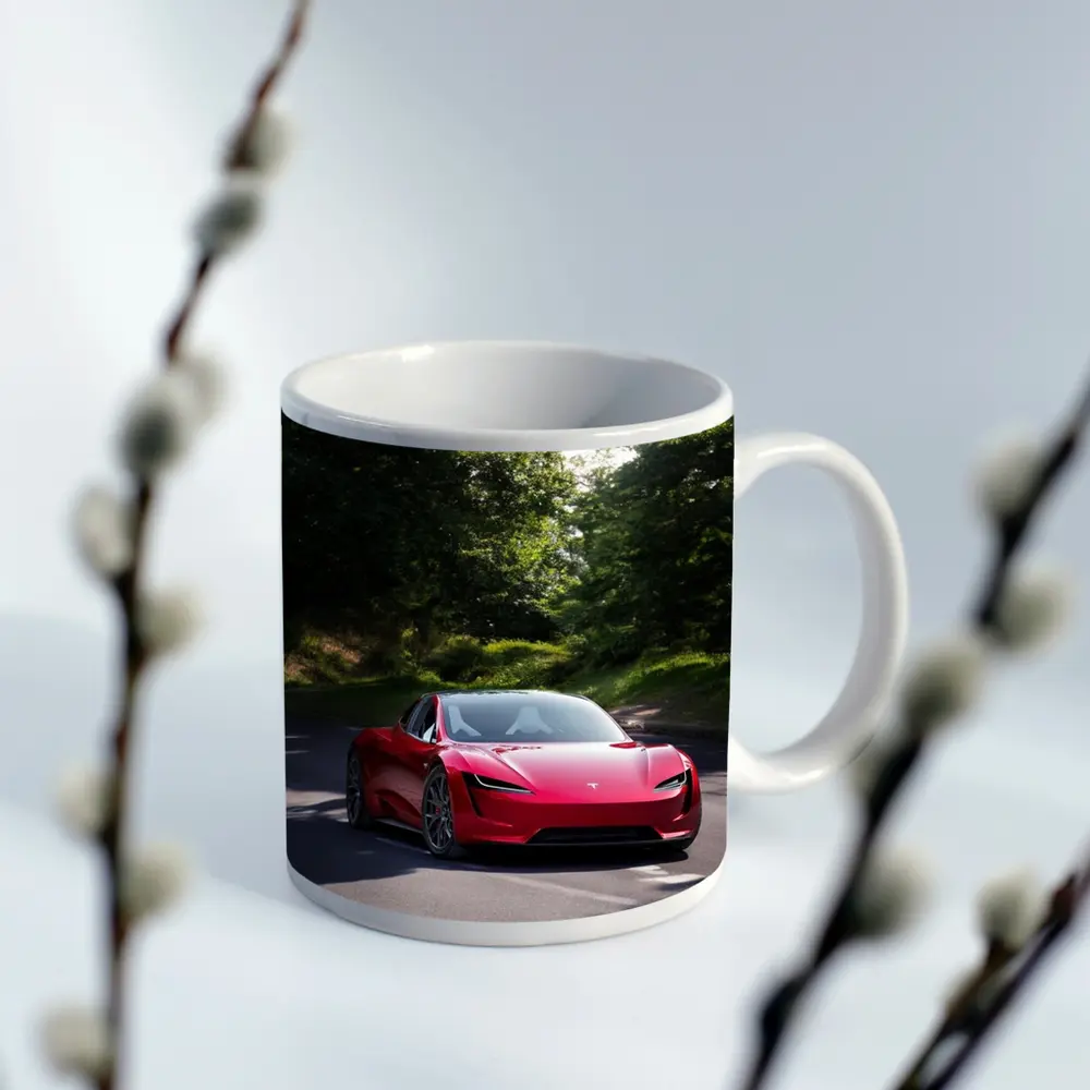 Tesla Roadster Red Car On Forest Road – Mugs