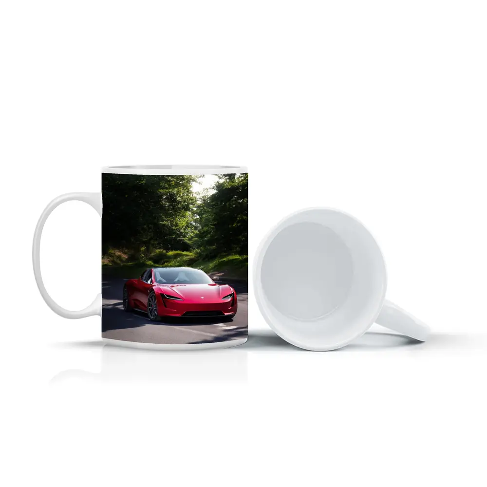Tesla Roadster Red Car On Forest Road – Mugs