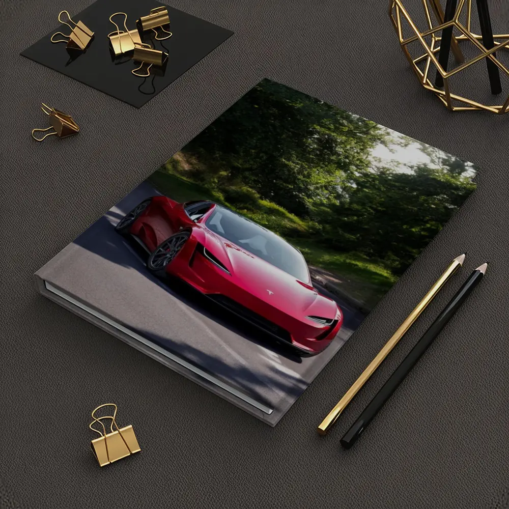 Tesla Roadster Red Car On Forest Road – Notebooks