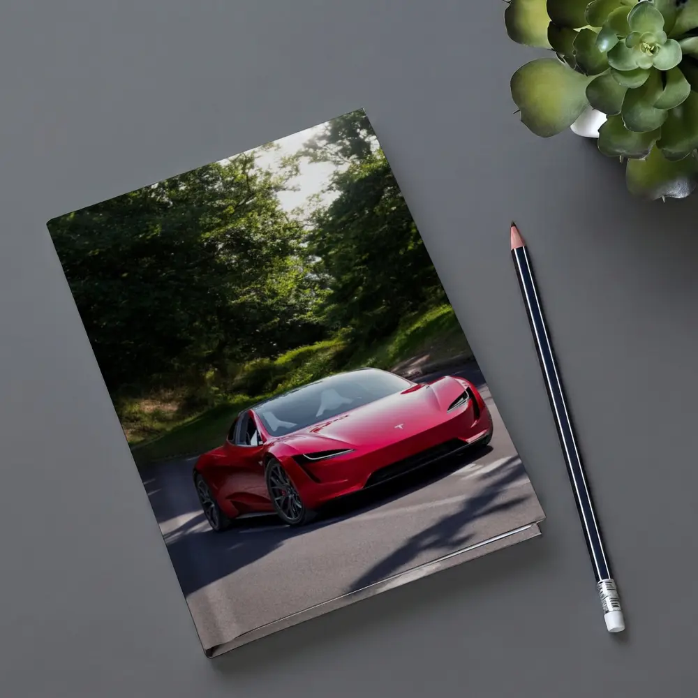 Tesla Roadster Red Car On Forest Road – Notebooks