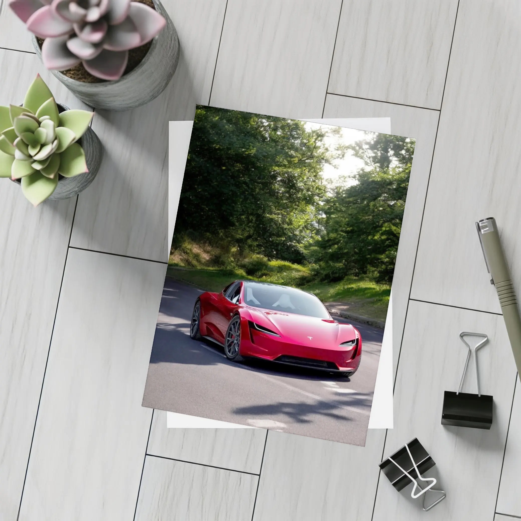 Tesla Roadster Red Car On Forest Road – Postcards