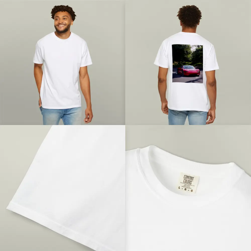 Tesla Roadster Red Car On Forest Road – T-Shirts