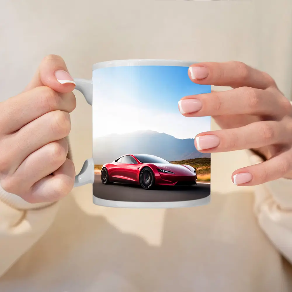 Tesla Roadster Red Sports Car Mountain Road – Mugs