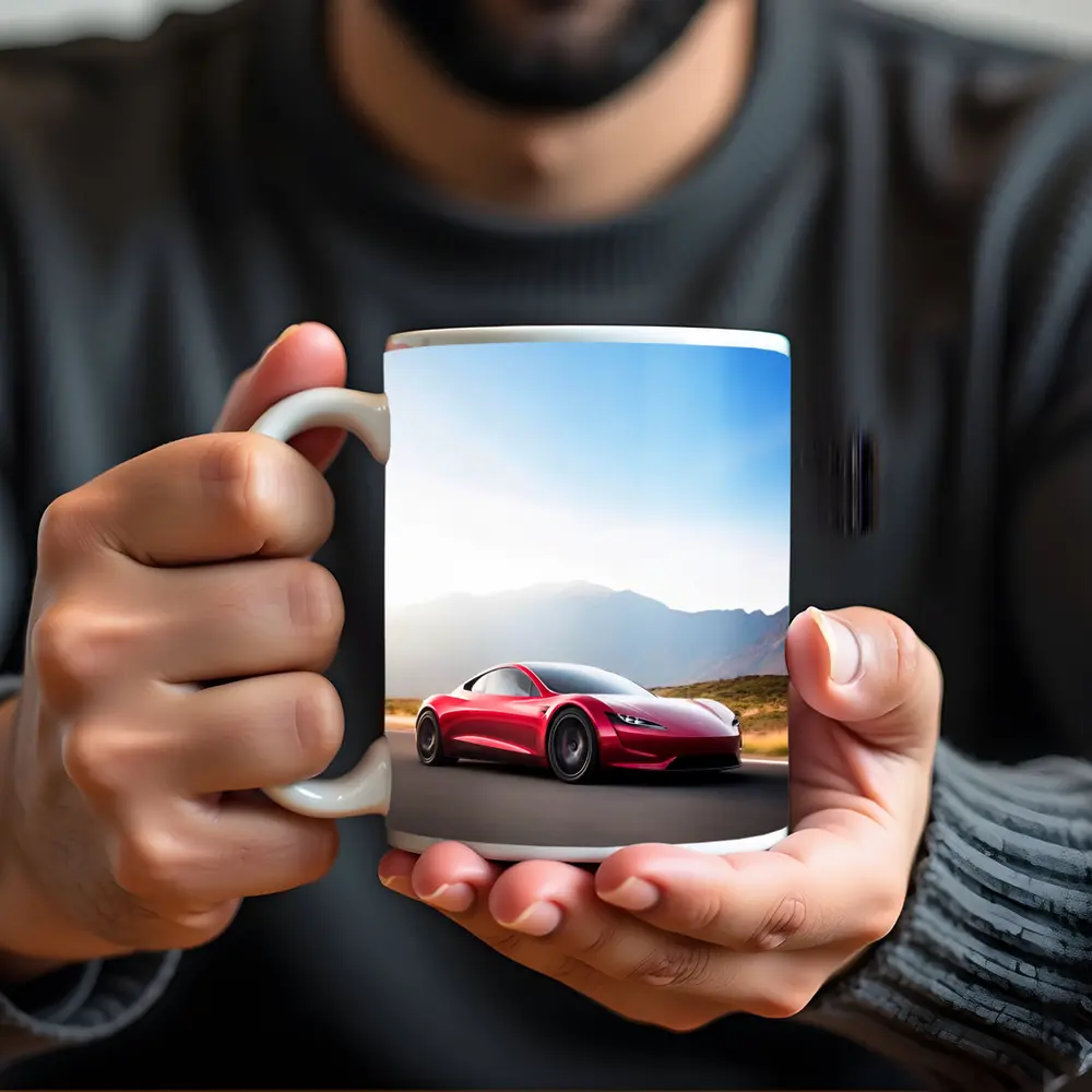 Tesla Roadster Red Sports Car Mountain Road – Mugs