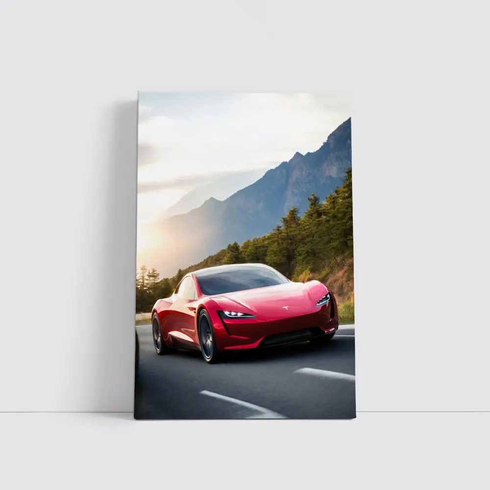 Tesla Roadster Red Sports Car Mountain Road – Wall Art