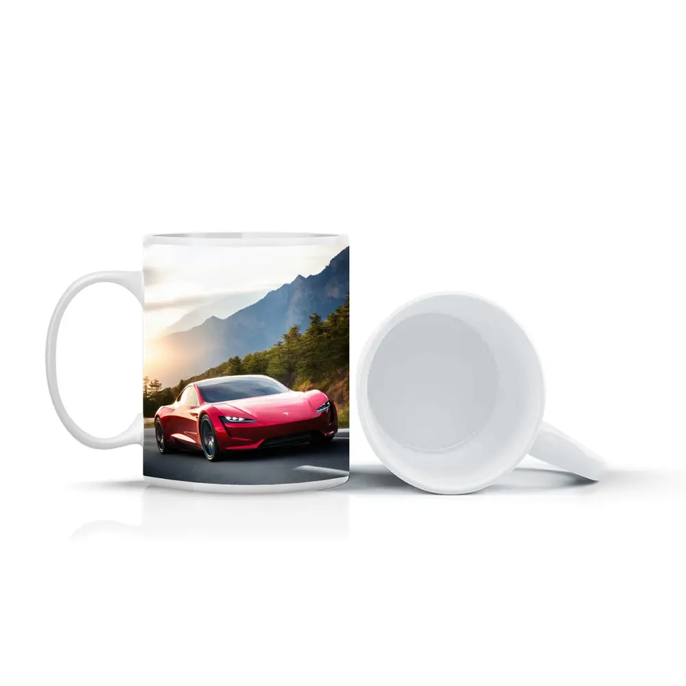 Tesla Roadster Red Sports Car Mountain Road – Mugs