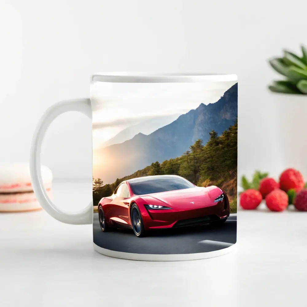 Tesla Roadster Red Sports Car Mountain Road – Mugs