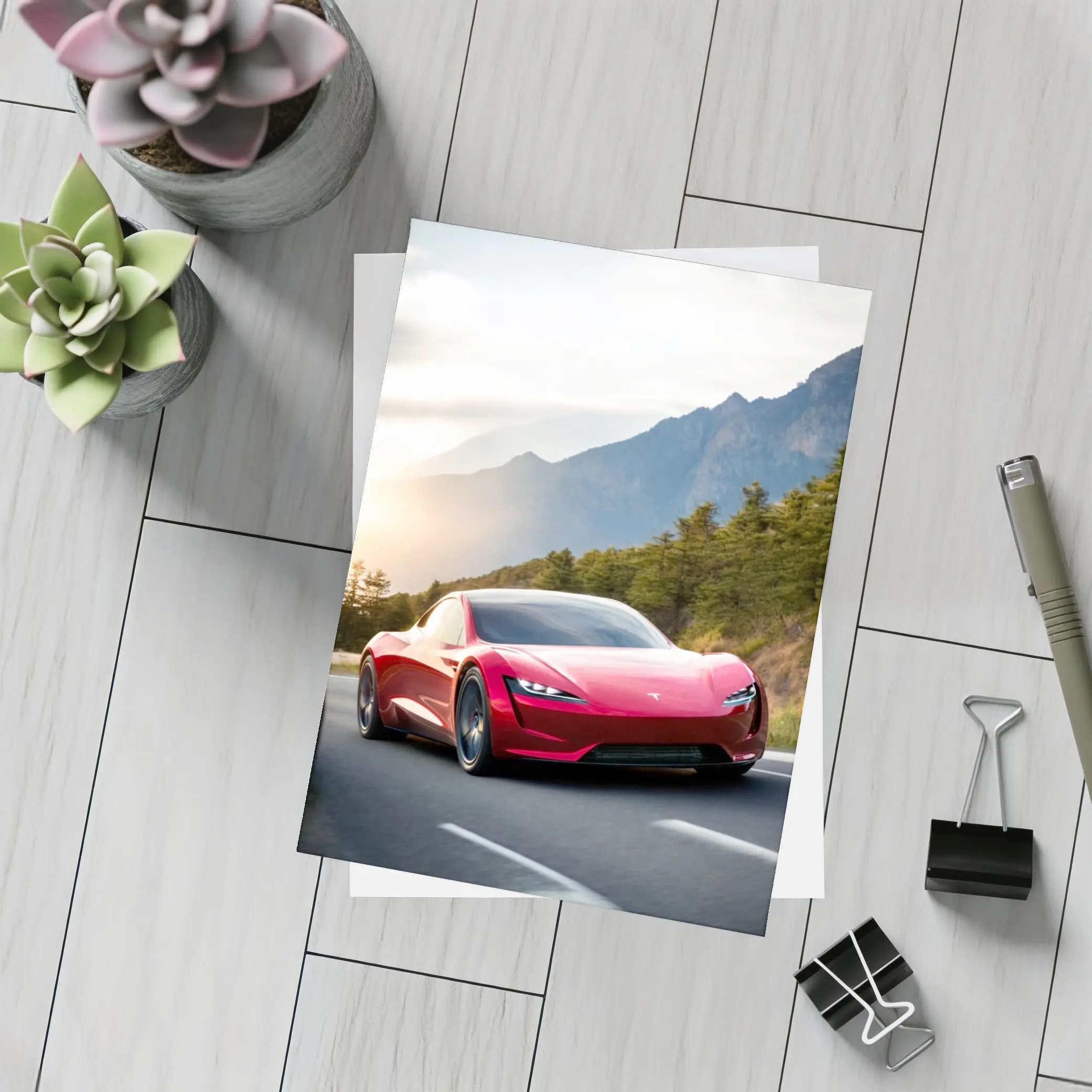 Tesla Roadster Red Sports Car Mountain Road – Postcards