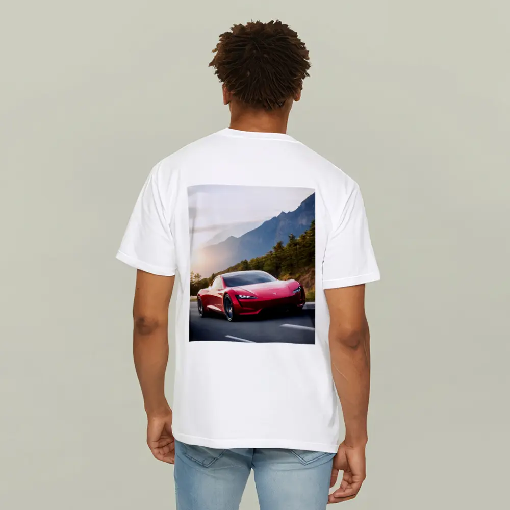 Tesla Roadster Red Sports Car Mountain Road – T-Shirts