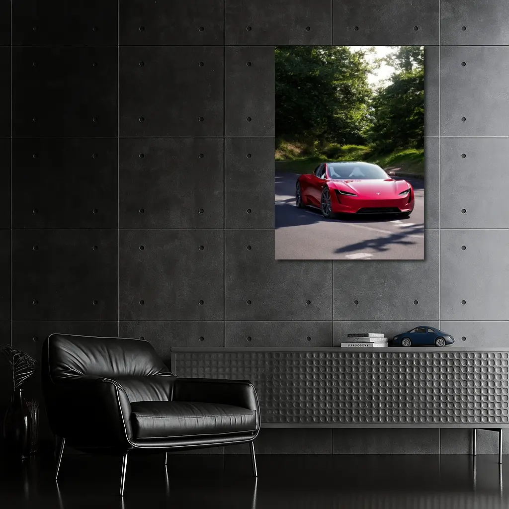 Tesla Roadster Red Car On Forest Road – Wall Art