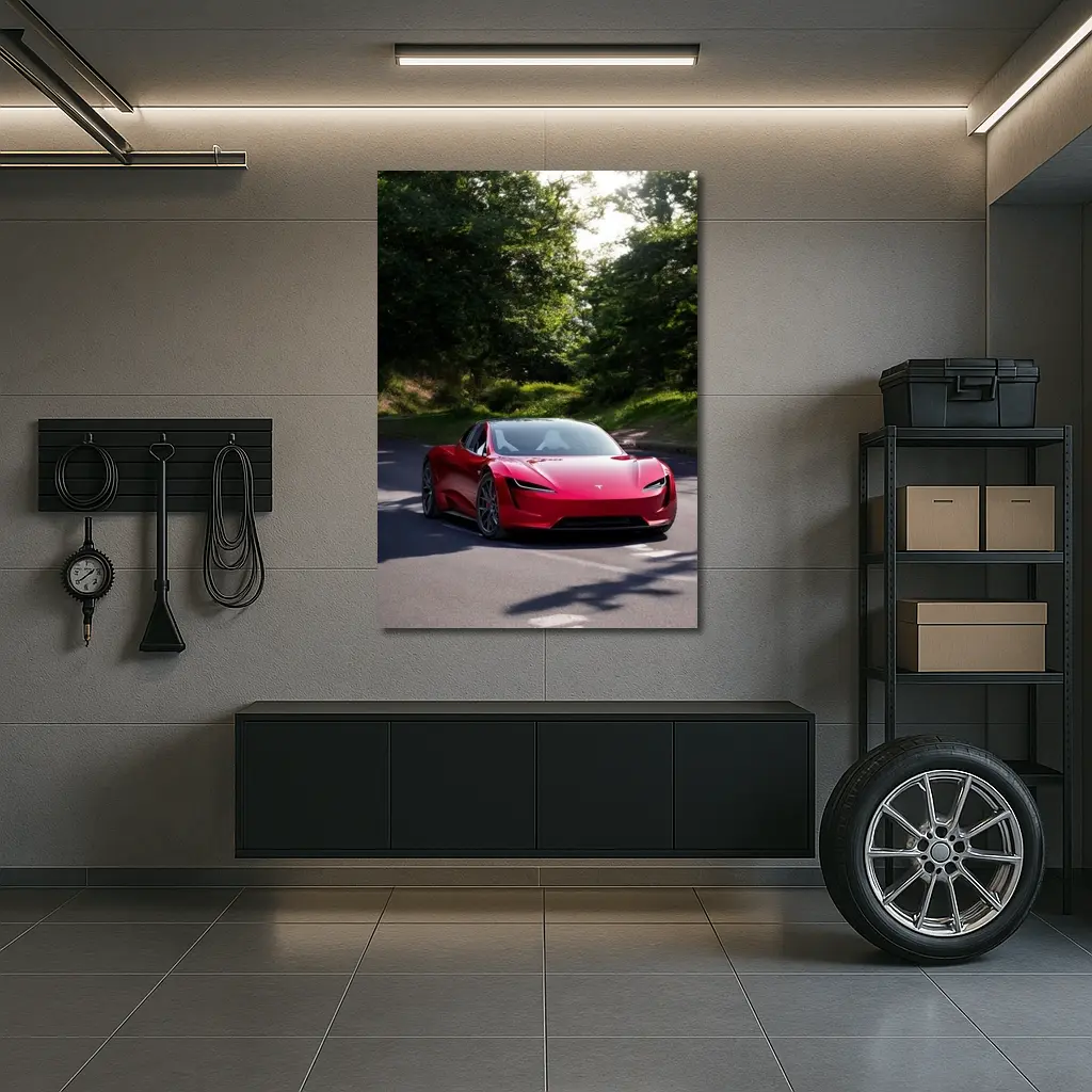 Tesla Roadster Red Car On Forest Road – Wall Art