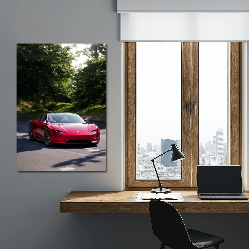 Tesla Roadster Red Car On Forest Road – Wall Art