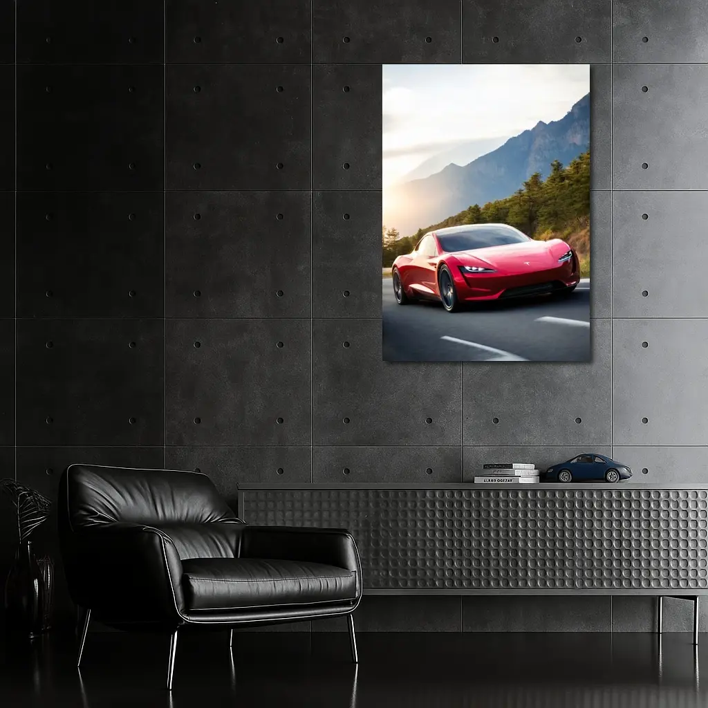 Tesla Roadster Red Sports Car Mountain Road – Wall Art